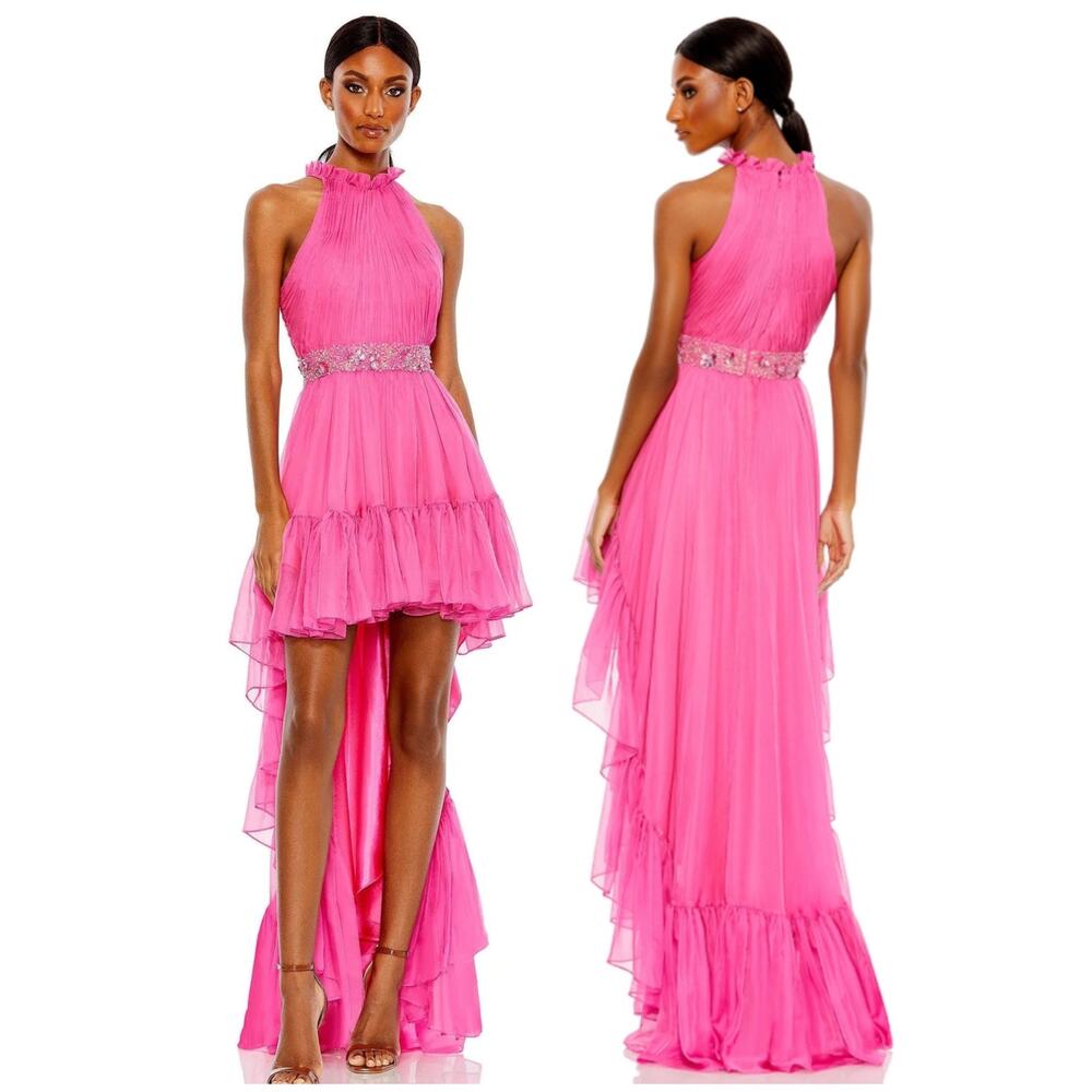 Mac Duggal NWT High Low Halter Chiffon Ruffled Halter Gown Hot Pink Size 0
